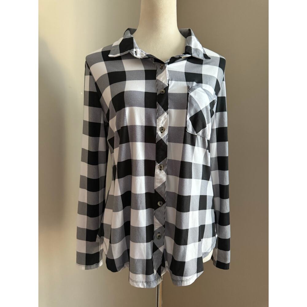 No Comment Black White Buffalo Plaid Button Down Shirt Womens Size Large